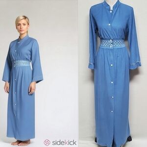 60s Vintage Carole Blue Fleece White Floral Tie-Waist Mandarin Collar Long Robe